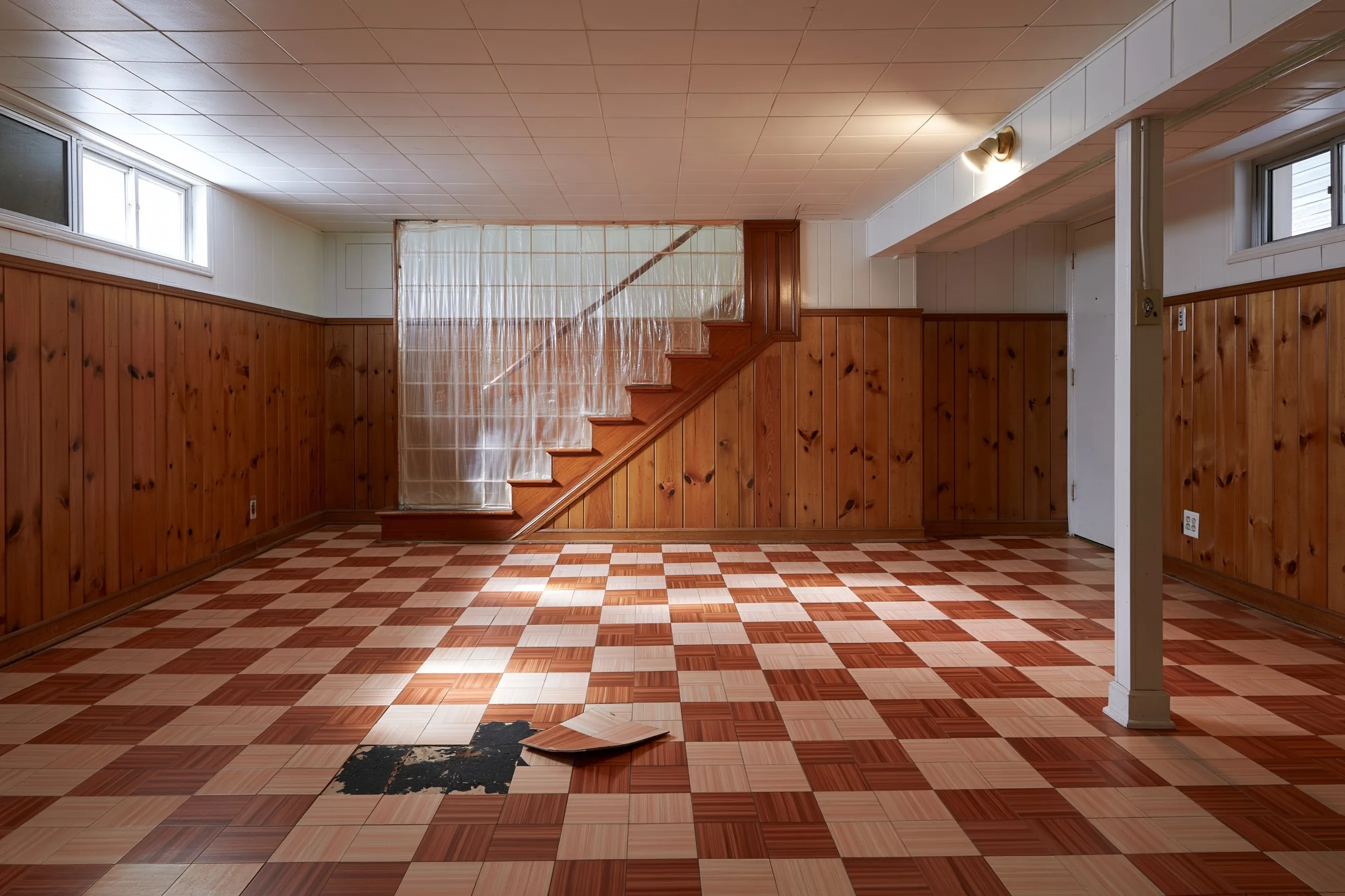 Old basement rec room with knotty pine walls and a red and cream checkerboard tile floor, one square pried up to show dark glue