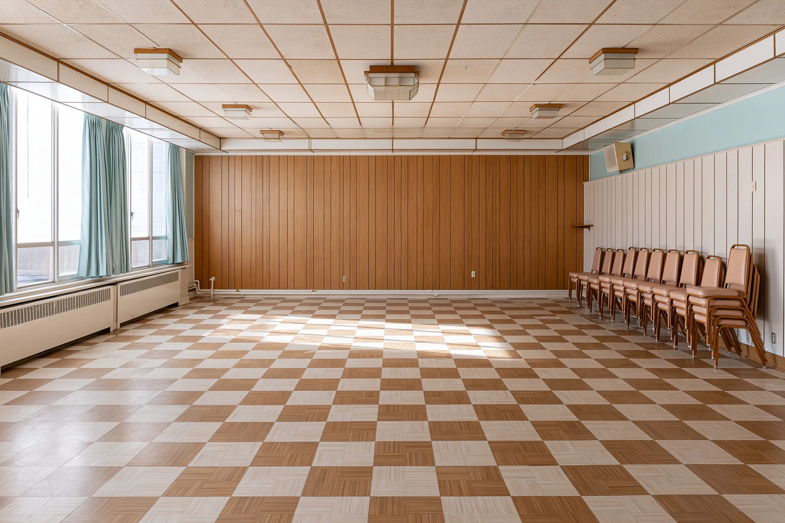 Large plain hall from the 1960s, a checkerboard tile floor, a lay-in tile ceiling, wood paneling and folding chairs piled along one wall