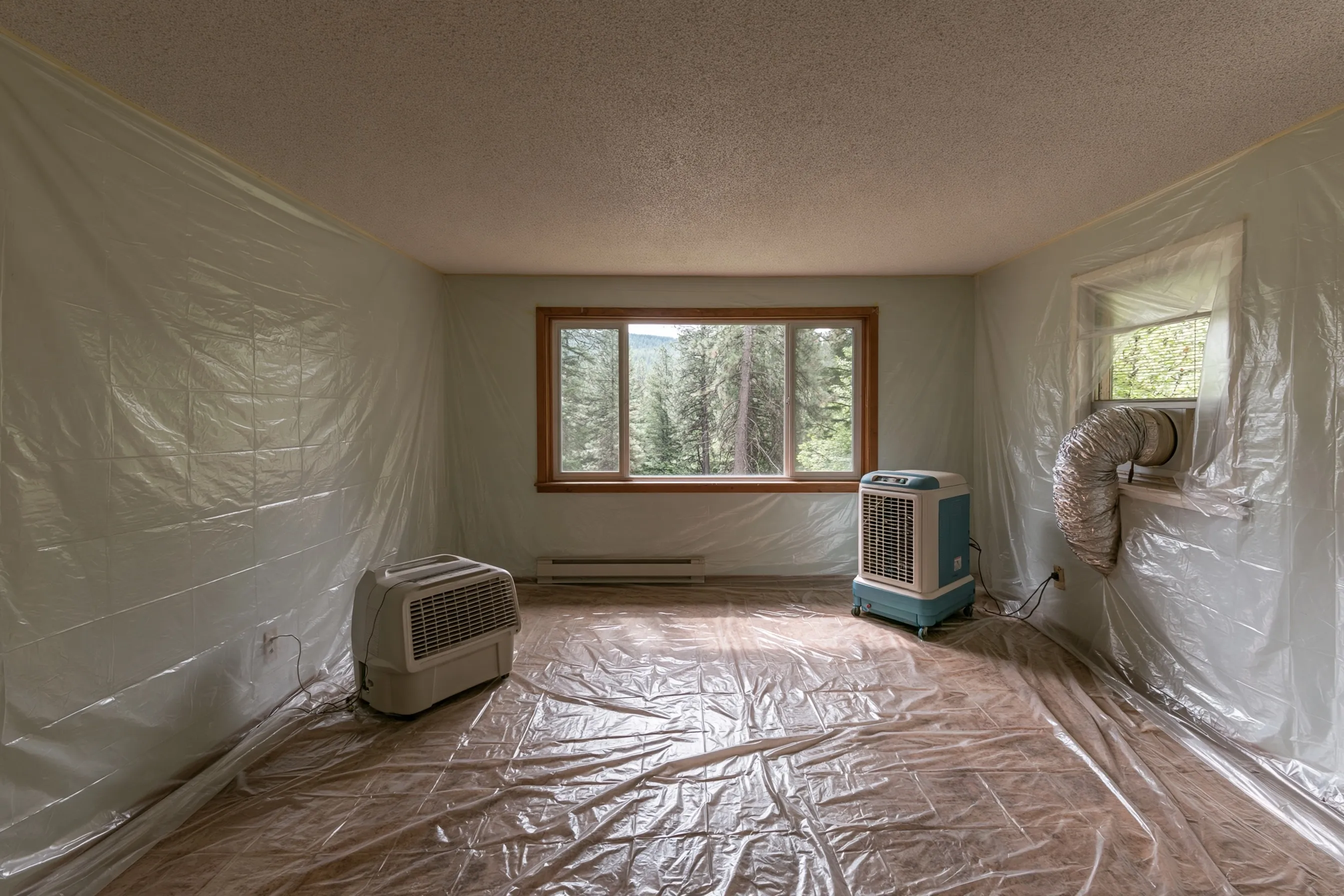 One empty bedroom sealed in clear sheeting, a lumpy white ceiling above and a filter machine on the floor ducted out the window
