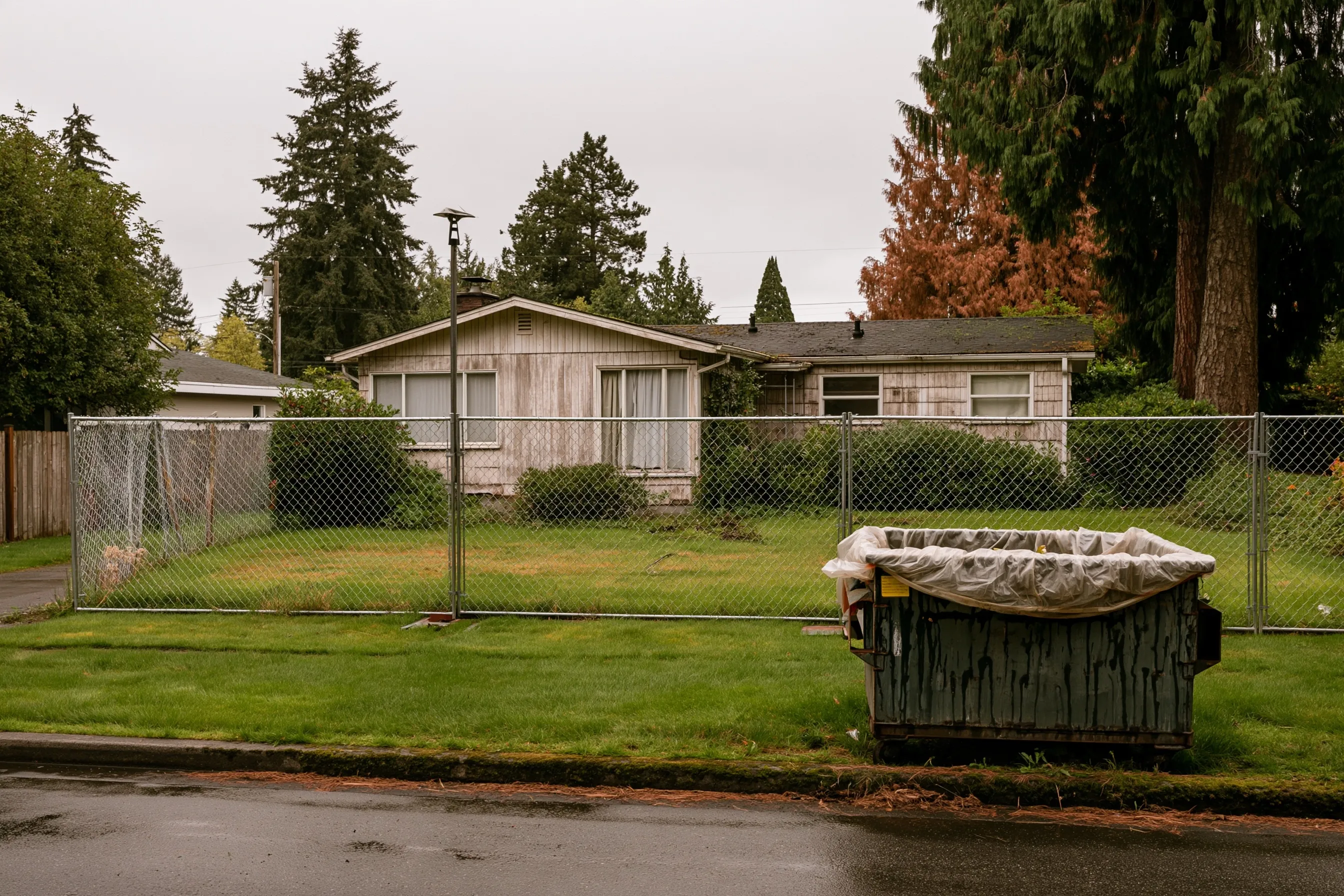 Empty one-story house from the 1950s fenced off with temporary chain-link, an overgrown lawn and a plastic-lined dumpster at the curb