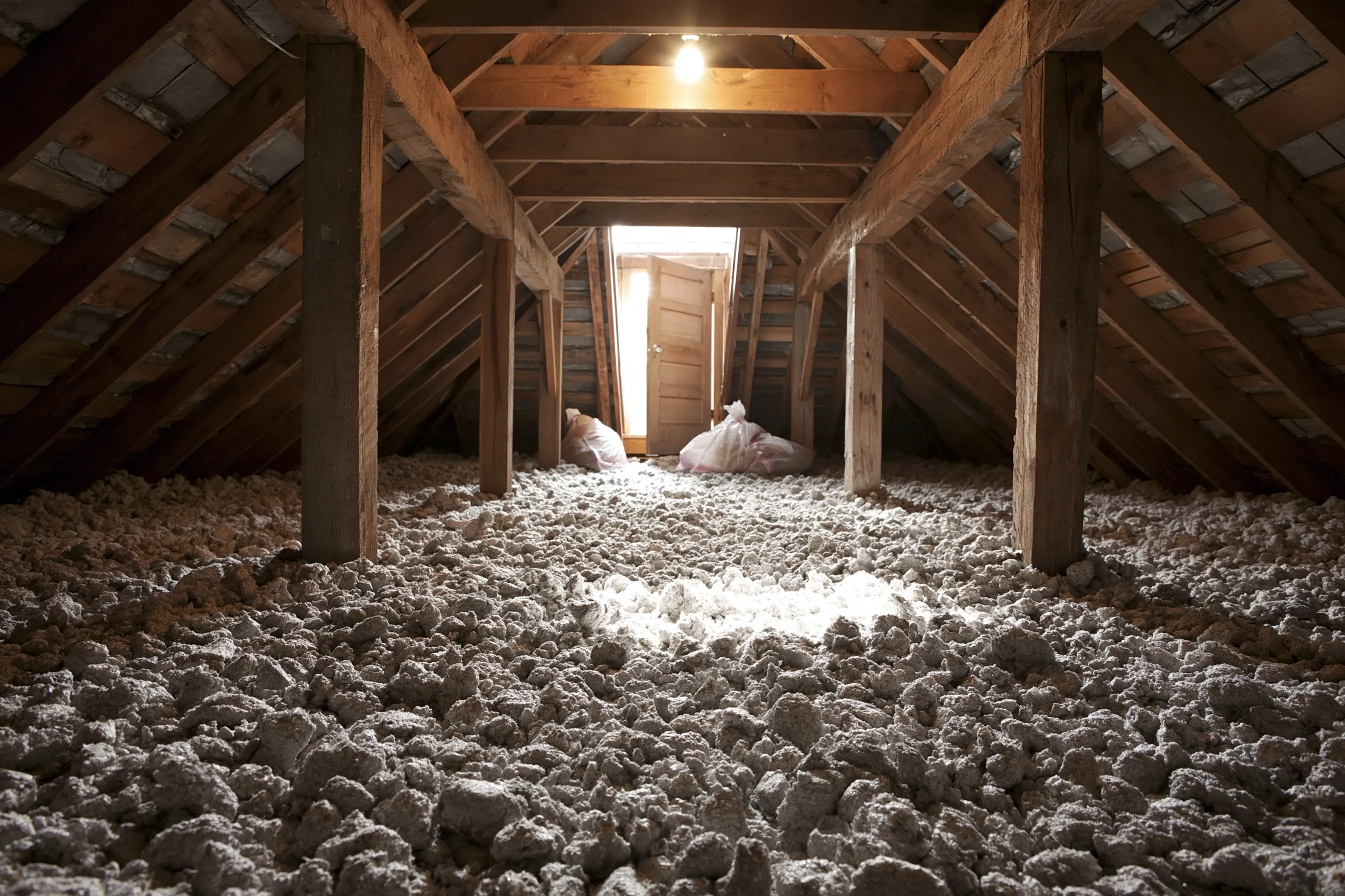 Bare wood rafters and plank sheathing over an attic floor filled with grainy gray insulation, lit from a small gable-end door