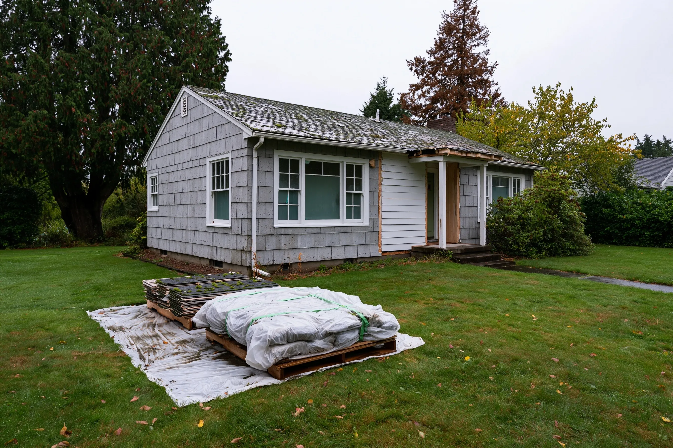 Small 1940s house in gray cement shingles with the shingles off around the front porch, painted wood lap siding showing underneath and the removed shingles wrapped on the lawn